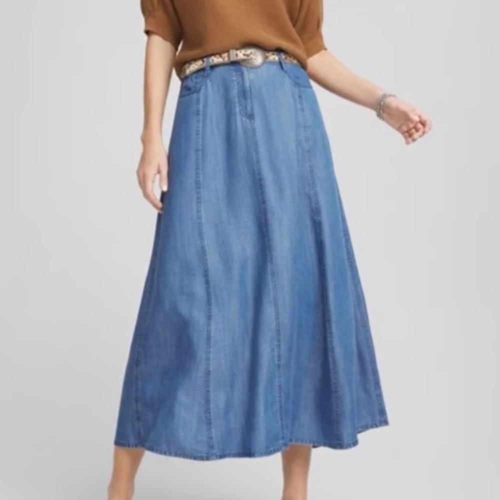 Lightweight Denim Fly Front Midi Skirt NWOT